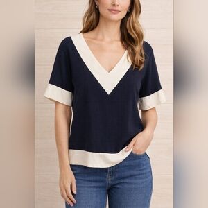 Tory Burch Navy Blue and Cream V-Neck 100% Silk Blouse